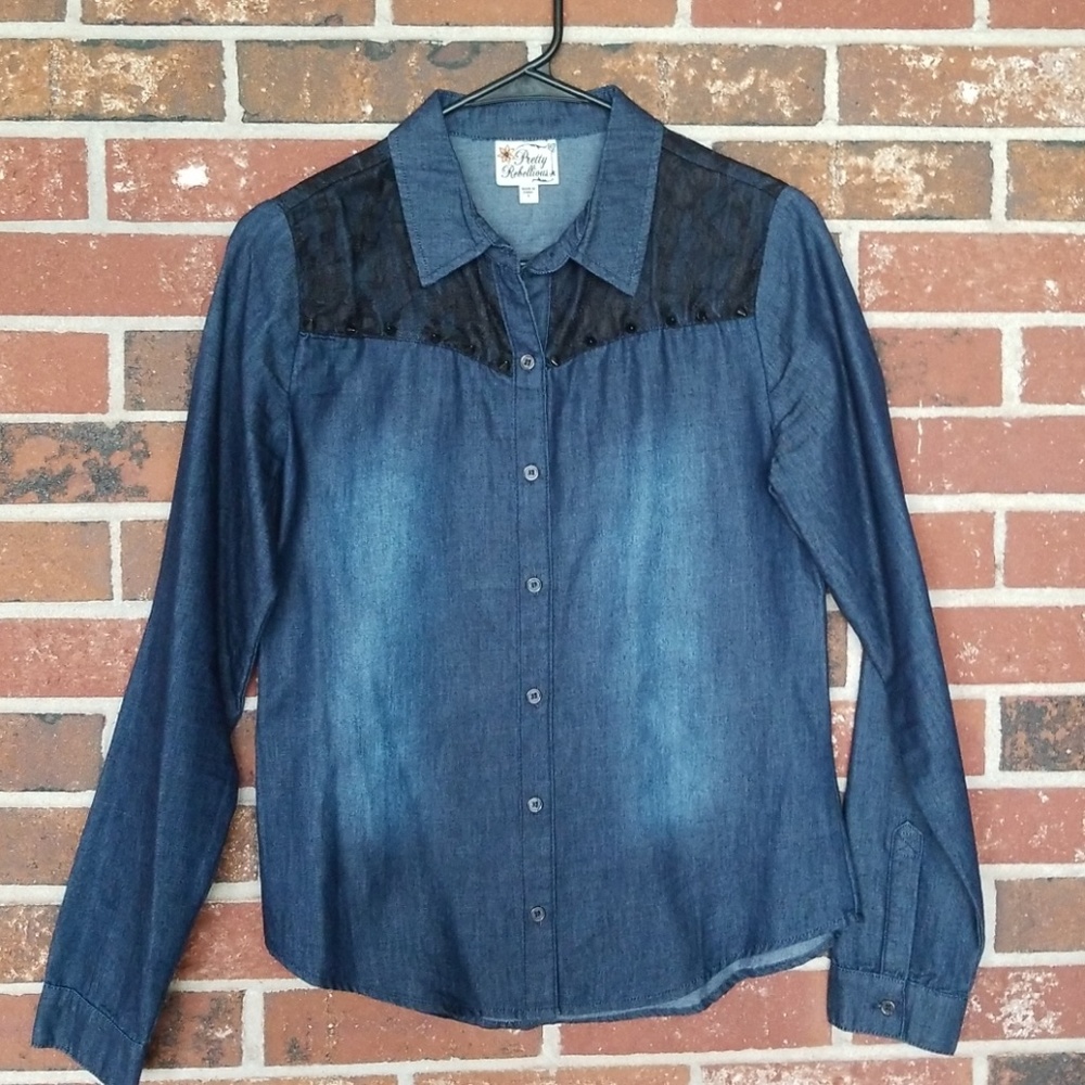 Denim button down shirt with black lace